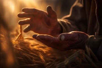 Closeup of a farmer's hand touching the top of a wheat stalk, while sun rays are breaking through the sunset in the background Generative AI