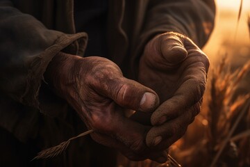 Closeup of a farmer's hand touching the top of a wheat stalk, while sun rays are breaking through the sunset in the background Generative AI