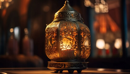 Canvas Print - Antique lantern illuminates traditional Ramadan celebration indoors generated by AI