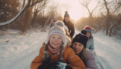 Wall Mural - Caucasian family smiles and plays in snow generated by AI