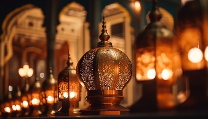 Canvas Print - Glowing lantern candle lights ancient religious decoration generated by AI