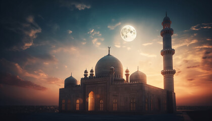 Poster - Religion illuminated by majestic sunset at famous mosque generated by AI