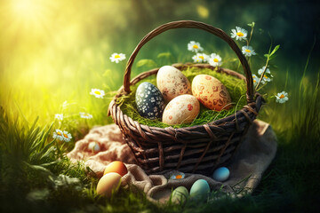 Sticker - easter eggs in a basket on beautiful green meadow