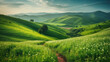 Idyllic nature scene of rolling green hills and vibrant floral fields