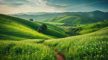 Idyllic Nature Scene Of Rolling Green Hills And Vibrant Floral Fields