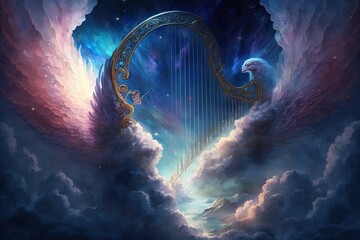 Wall Mural - Capturing the Heavens in Melody : An Epic Journey with the Fantasy Harp Generative AI