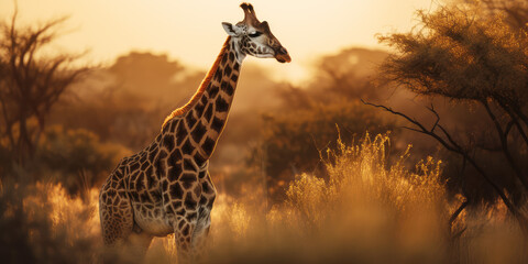 Giraffe on sunset safari, tropical african landscape, generative ai