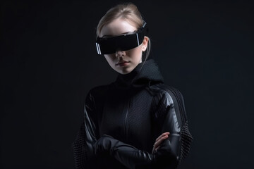 Wall Mural - Adult girl wearing futuristic glasses and black clothes on dark background, generative AI