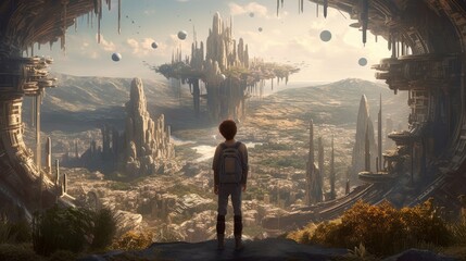 Wall Mural - A Child's Futuristic View: Ultra Realistic Photography Award Winner of a Massive Retail Complex with Sci-Fi Shapes and 5th Element Vibes atop a Hill, Generative AI