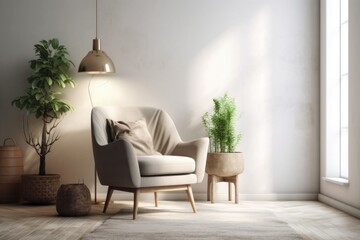 Wall Mural - cozy living room with a green potted plant and comfortable chair. Generative AI