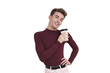 © Ladanifer - Young caucasian man smiling with a coffee cup, isolated over white background.