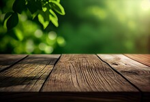 Wooden Table With Blur Green Nature Background For Display Product. Generative AI