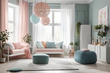 Sticker - bright and spacious living room with ample natural light and comfortable furniture. Generative AI