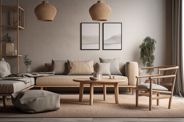 Sticker - cozy living room with modern furniture and decor. Generative AI