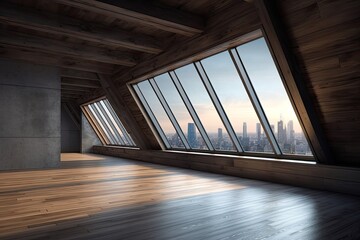 Wall Mural - illustration of an empty room with a panoramic view of the cityscape. generative ai