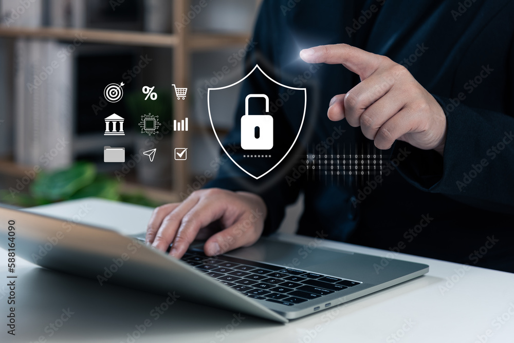 Cyber security authentication basic concept, businessman touching ...