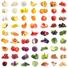  Assortment of fresh fruits and vegetables on white background, collage design