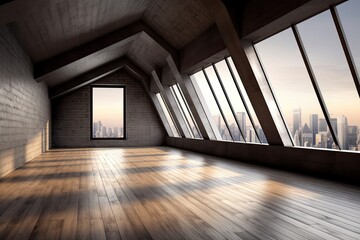 Canvas Print - Illustration of an empty room with expansive windows showcasing a breathtaking cityscape. Generative AI