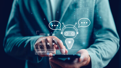 Poster - Chatbot Chat with AI, Artificial Intelligence. Man using technology smart robot AI, artificial intelligence by enter command prompt for generates something, Futuristic technology transformation.
