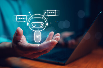 Poster - Chatbot Chat with AI, Artificial Intelligence. Man using technology smart robot AI, artificial intelligence by enter command prompt for generates something, Futuristic technology transformation.
