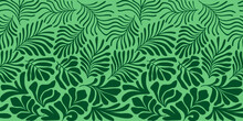 Green Abstract Background With Tropical Palm Leaves In Matisse Style. Vector Seamless Pattern With Scandinavian Cut Out Elements.