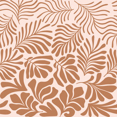  Brown beige abstract background with tropical palm leaves in Matisse style. Vector seamless pattern with Scandinavian cut out elements.