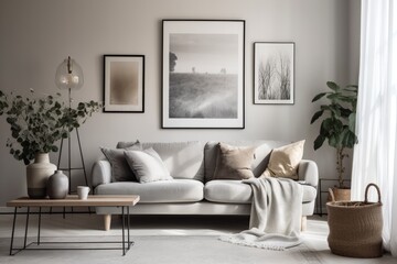 Canvas Print - modern living room with a white couch and art on the wall. Generative AI