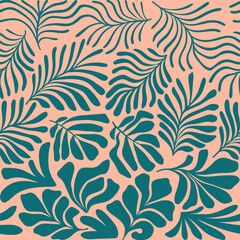  Peach green abstract background with tropical palm leaves in Matisse style. Vector seamless pattern with Scandinavian cut out elements.