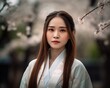 © drixe - Beautiful asian woman with long and straight hair wearing a colorful kimono, looking serious, standing in a background of cherry blossom trees. created with Generative AI