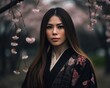 © drixe - Beautiful asian woman with long and straight hair wearing a colorful kimono, looking serious, standing in a background of cherry blossom trees. created with Generative AI