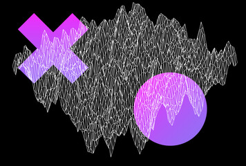 Poster - Sci-fi vaporwave 3D landscape made of a polygonal distorted grid. Synthwave hi-tech style background. 