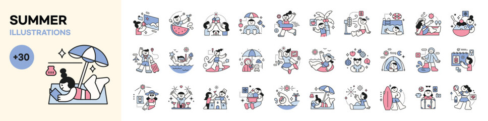 Wall Mural - people enjoying summer. outline character design. summer vacation sea beach. hot weather cool food. 