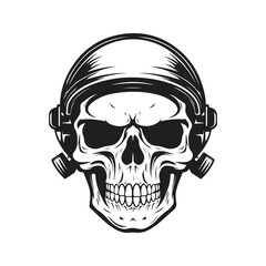 military skull, logo concept black and white color, hand drawn illustration