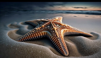 Poster - Starfish on sand close up of echinoderm star shape generated by AI