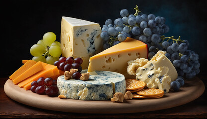 Wall Mural - Gourmet cheese tray on rustic wood plank generated by AI