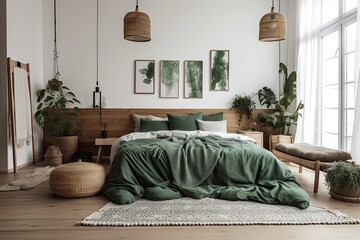 Sticker - cozy bedroom with a king-sized bed and green bedding. Generative AI