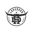 Buffalo Head Horn logo design vector label, bull, cow, vintage Texas restaurant longhorn logo. letter D.H. Vintage farm company logo