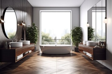 Wall Mural - modern bathroom with a freestanding bathtub, minimalist sink, and greenery. Generative AI