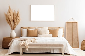 White horizontal frame mockup in boho bedroom with wooden bed, beige fringed blanket, tassel cushion, pampas grass, basket and wicker lamp against white wall, Generative AI