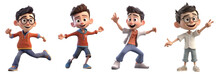 Group Of 3D Cartoon Character Cute Student Kids Boy Dancing, Isolated On White And Transparent Background, Ai Generate