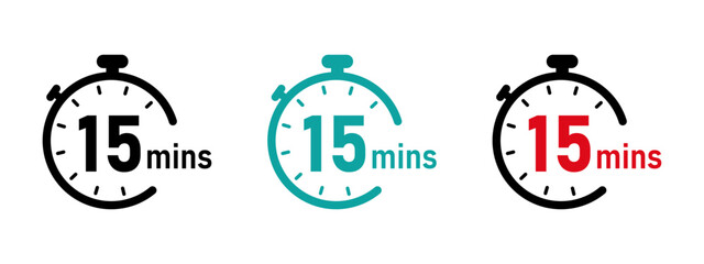 15 minutes timer, stopwatch or countdown vector icons