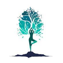 Yoga Girl Silhouette Against Blue Tree Of Life On White Background