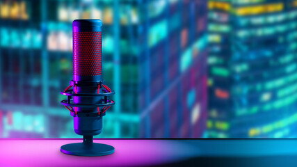 Wall Mural - Professional microphone on table. Microphone for recording radio podcast. Device for conducting audio broadcasting. Microphone in recording studio. Micro near blurred skyscrapers. Broadcasting studio