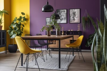 Wall Mural - dining room with vibrant yellow chairs and deep purple walls. Generative AI