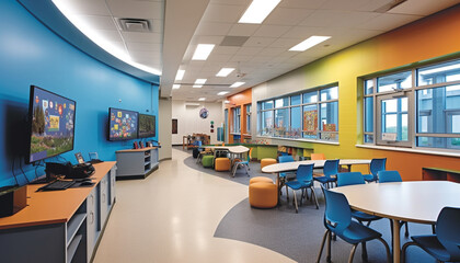 Bright modern classroom with empty chairs and desks generated by AI