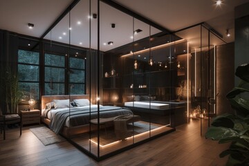 Sticker - modern bedroom with floor-to-ceiling glass walls and a comfortable bed. Generative AI