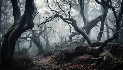 Canvas Print - Spooky silhouette walks through the dark forest generated by AI