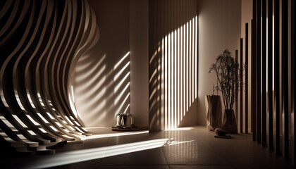 Wall Mural - Empty modern apartment, illuminated by sunlight and shadows generated by AI