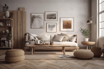 Canvas Print - cozy and well-decorated living room with comfortable furniture and attractive wall art. Generative AI