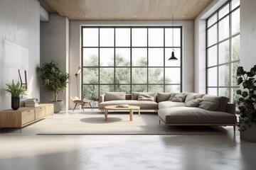 Poster - cozy living room with natural light pouring in from a large window and a comfortable couch as the centerpiece. Generative AI